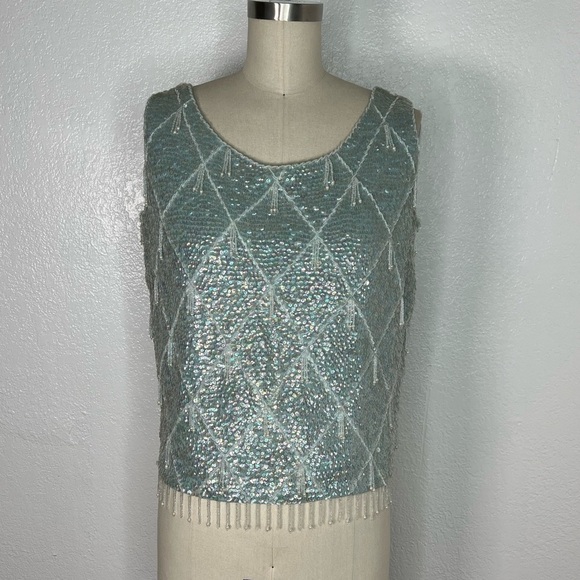 Vintage Tops - Vintage baby blue iridescent sequin pearl retro flapper top M